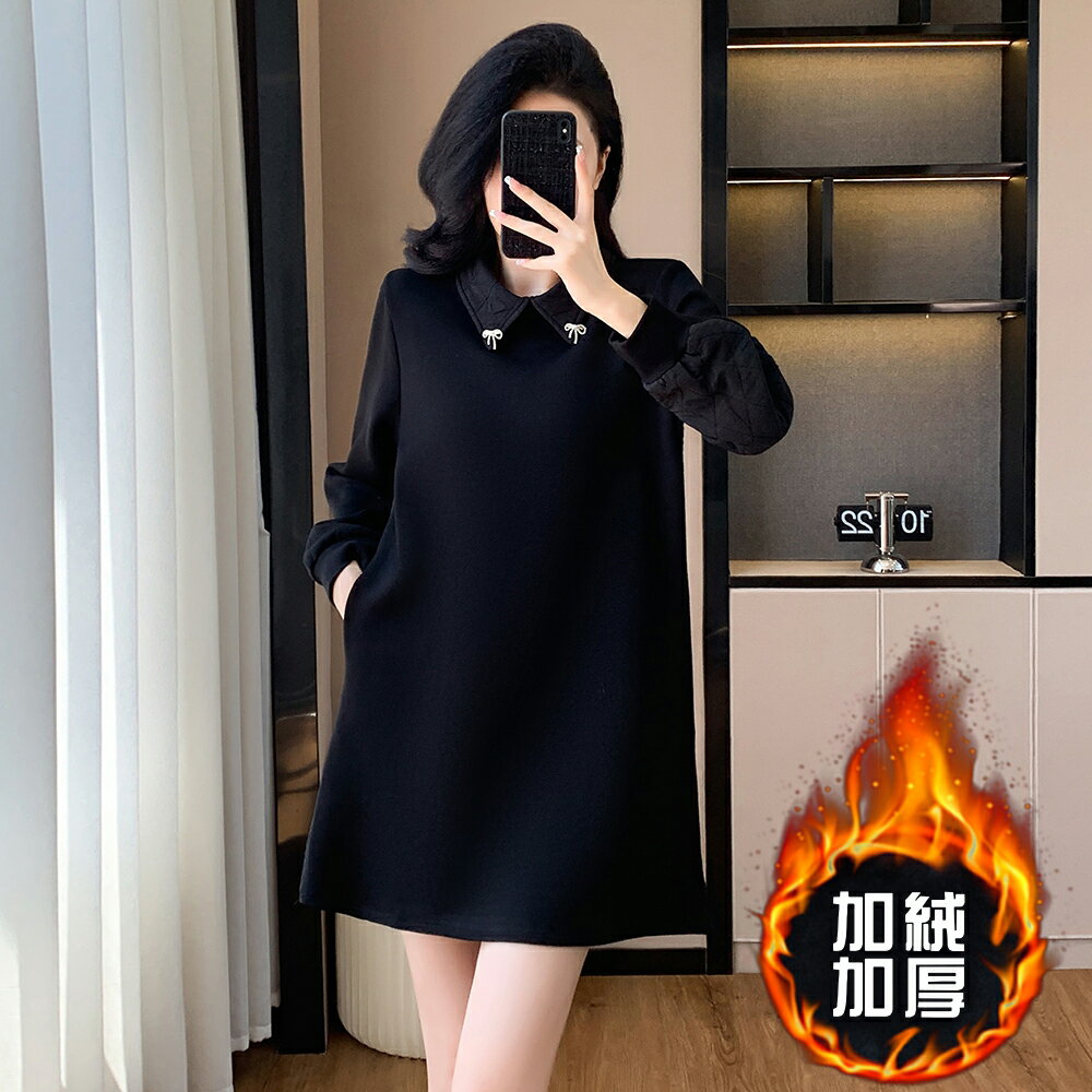 ＊ORead＊復古翻領拼接衛衣休閒連身裙(黑色L~5XL)【限定加碼✿全館滿額再折】