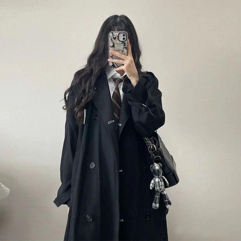 黑色風衣外套女2022秋新款韓版學生洋氣中長款大衣流行時尚小個子
