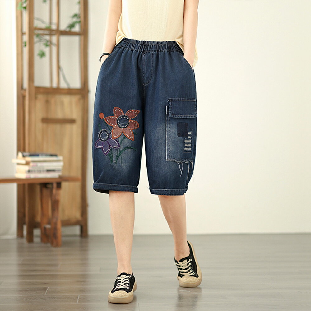 ＊ORead＊牛仔5分褲貼布繡撞色口袋牛仔中褲(藍色M~2XL)【限定加碼✿全館滿額再折】