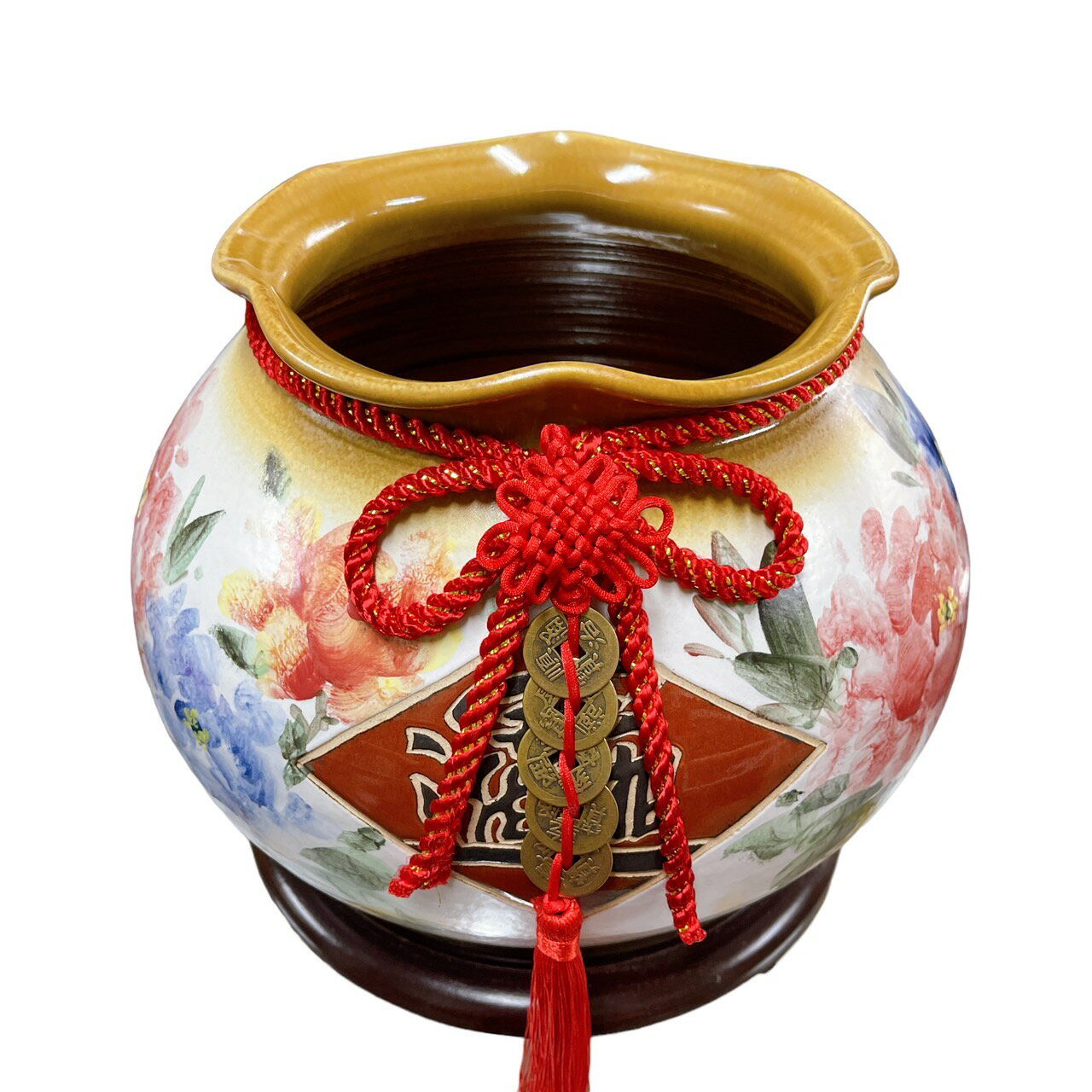 Sweet Heart新品 鶯歌陶瓷❤手工彩繪 特殊窯燒 荷口特大聚寶甕 (富貴牡丹 財運昌盛) 贈 開運符五色水晶套組 3