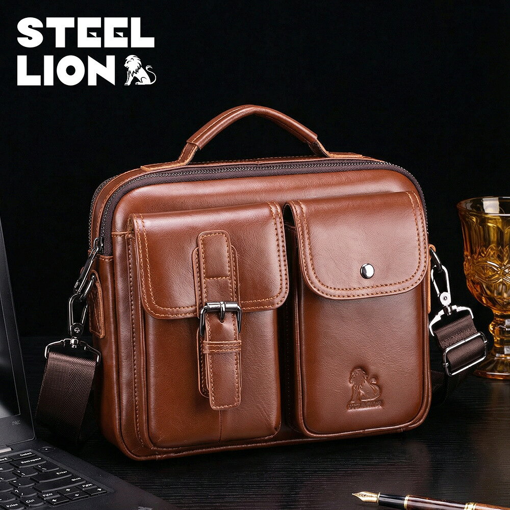 STEEL LION牛皮男士單肩包復古頭層牛皮休閑斜挎包男橫款手提包#Hi, 貼心優衣家居#