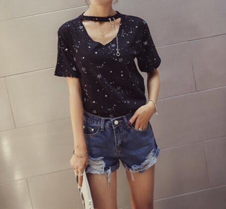 FINDSENSE MD 韓國時尚 女 寬鬆 星星印花 特色V領吊鏈裝飾 短袖T恤 上衣 學生T V領T恤