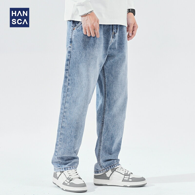 漢斯卡藍色復古高端牛仔褲男2022年春季新款潮流時尚寬松直筒褲子