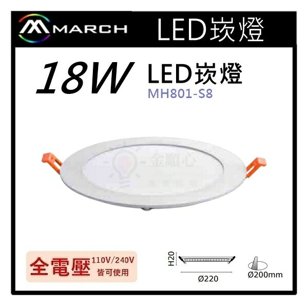 ☼金順心☼專業照明~MARCH LED 18W 崁燈 超薄 白光/自然光/黃光 開孔20CM 保固一年 MH801-S8