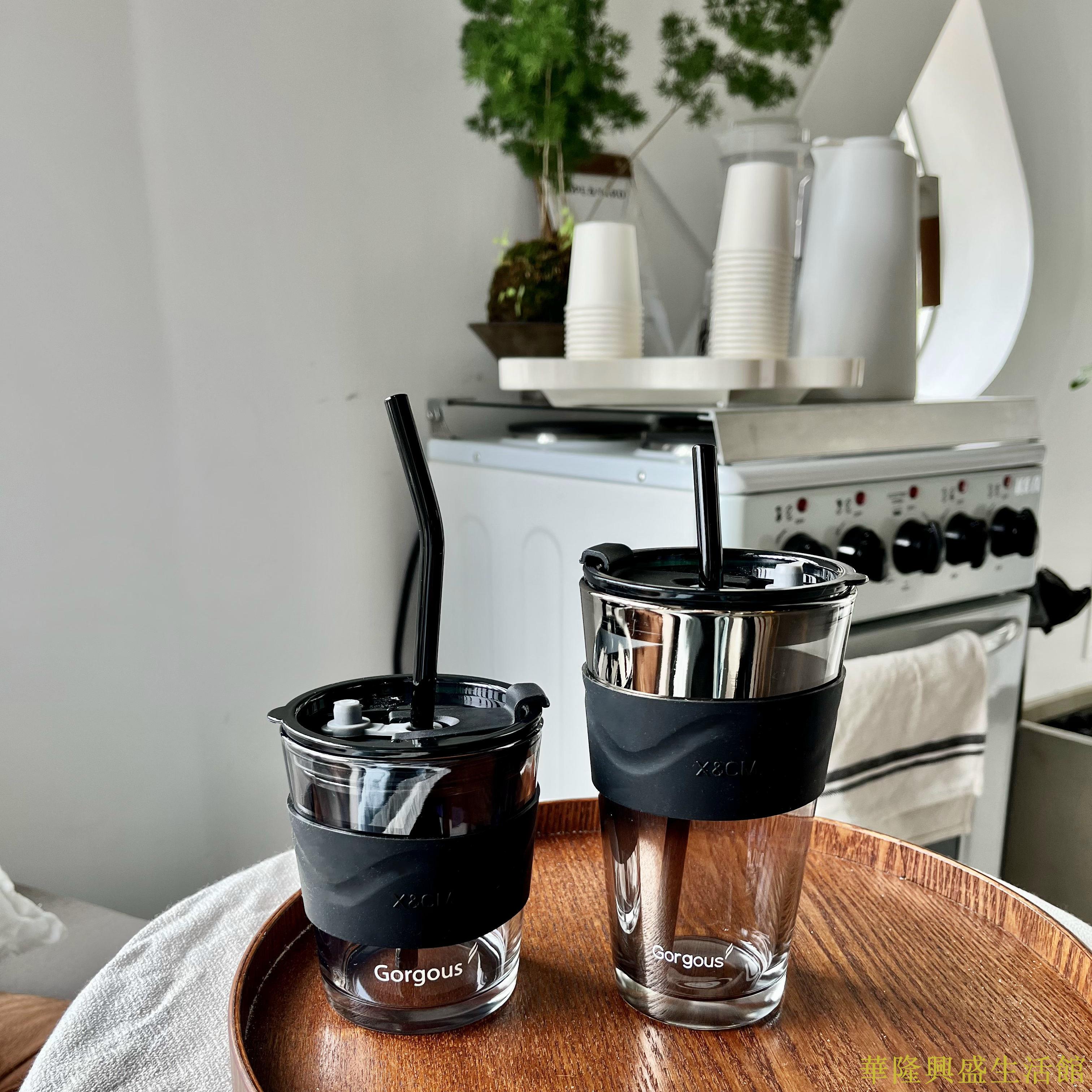 ins高顏值新款咖啡杯玻璃杯子水杯北極光吸管杯大容量帶蓋竹節杯