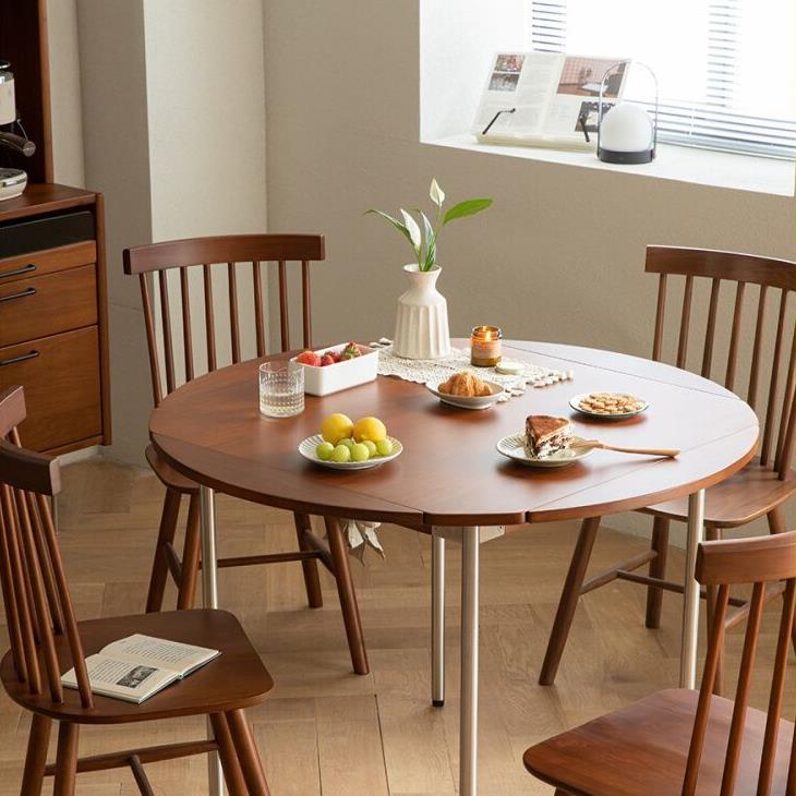實木折疊餐桌家用小戶型圓桌北歐復古餐桌椅組合多功能可伸縮桌子