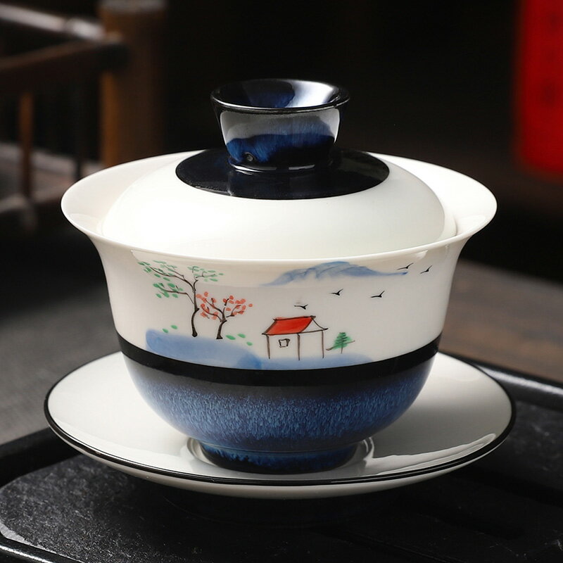 手繪山水圖白瓷單個蓋碗家用創意天目釉沏茶碗三才蓋碗單人喝茶碗