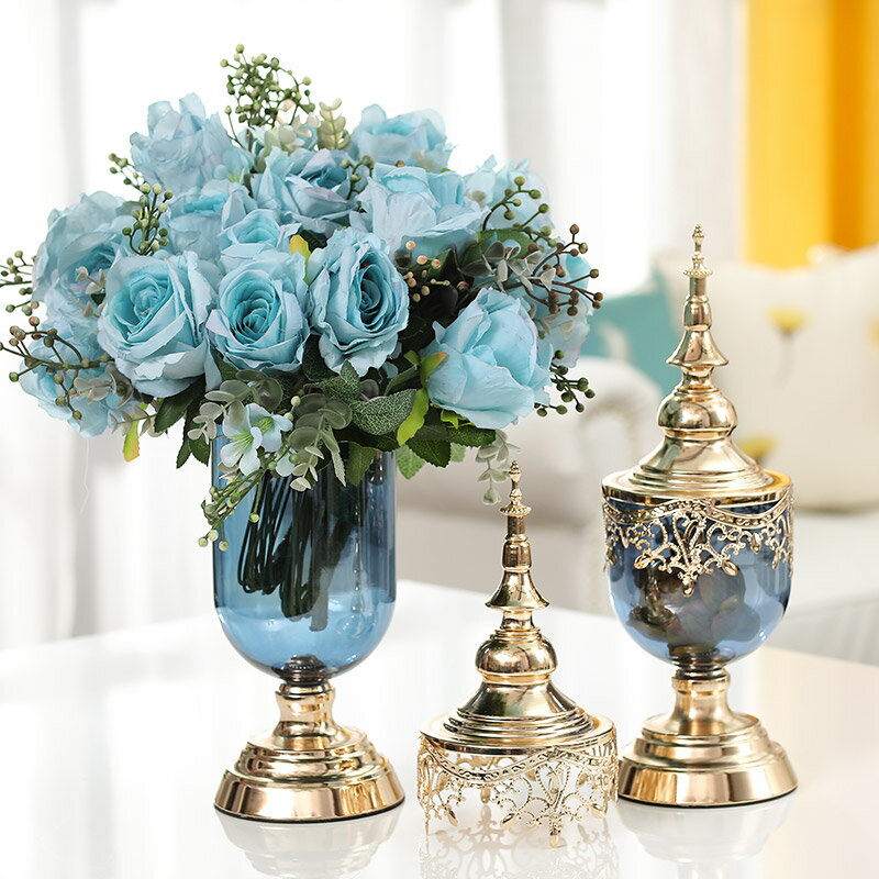 歐式玻璃花瓶擺件客廳插花干花電視櫃餐桌花藝體奢美式裝飾品