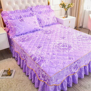 超商免運舒柔棉夹棉床裙組 單人雙人加大雙人特大床單床裙 床裙枕套一對組合三件組 SS邊铺棉床裙枕套組-玫瑰-紫