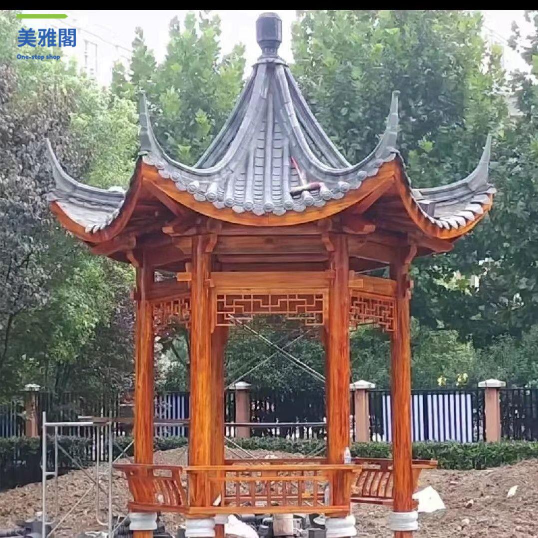 廠家直銷戶外防腐木別墅庭院實木仿古六角四角涼亭古建長廊木屋myg9041