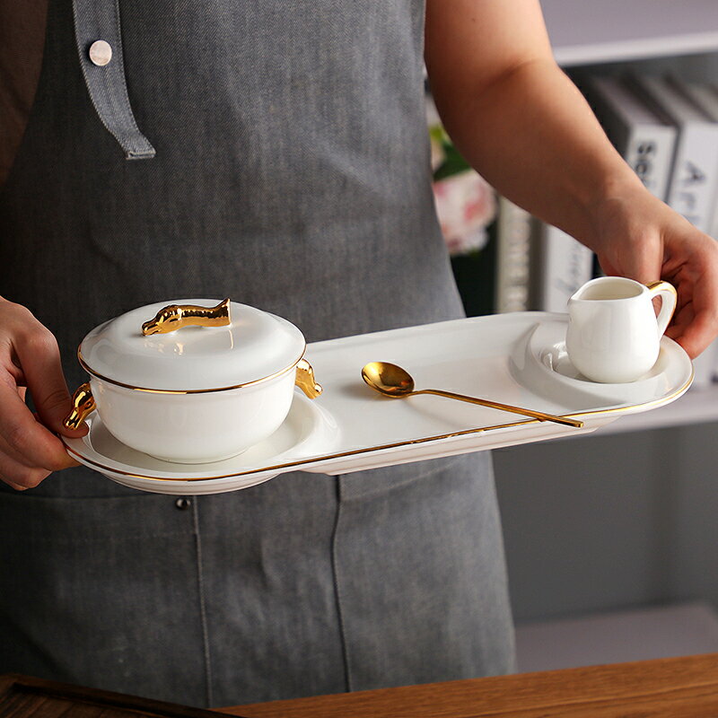 燕窩碗甜品碗金邊雙耳碗陶瓷帶蓋歐式宮廷蛋羹燉盅銀耳碗羅宋湯碗