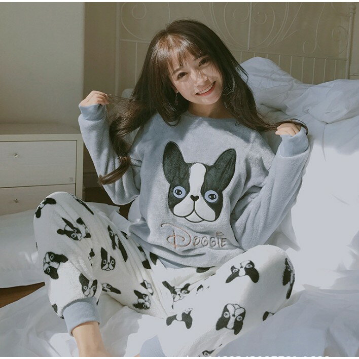 可愛法鬥 法蘭絨居家服 保暖睡衣 珊瑚絨睡衣 睡衣套裝 水貂絨睡衣 櫻桃嚴選 保暖居家服 居家服 睡衣 4