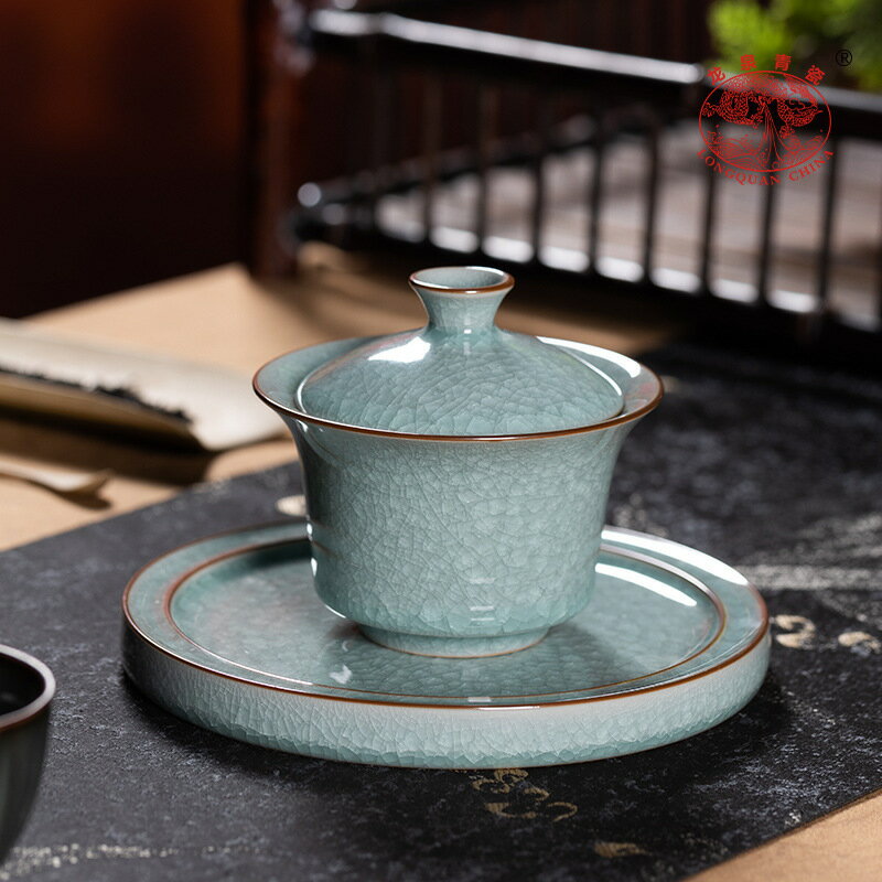 龍泉青瓷 三才蓋碗大號冰裂手抓茶碗 陶瓷功夫茶具手工高檔敬茶碗