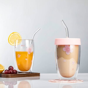 原創耐熱櫻花玻璃雙層水杯帶蓋咖啡杯微波爐牛奶杯隔熱保溫泡茶杯