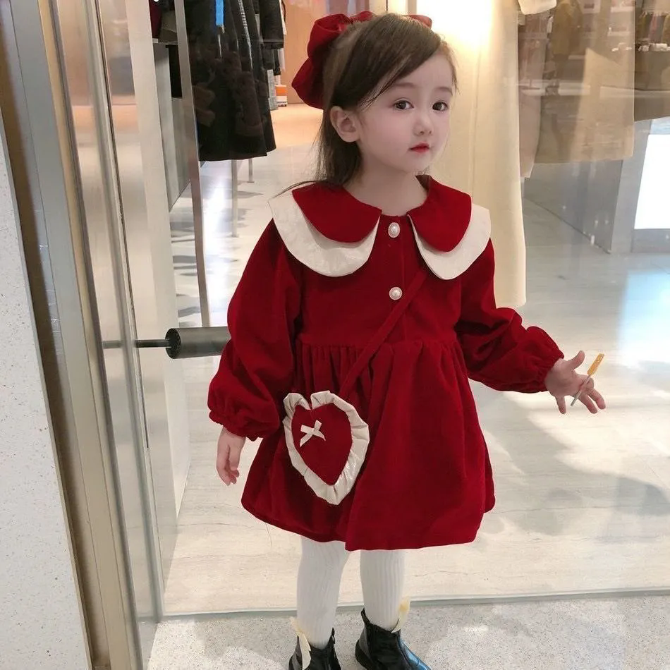 兒童洋裝 女童加絨連身裙 兒童洋氣冬季公主裙子 寶寶韓版紅色禮服裙 女孩加厚長袖裙 中小童連衣裙【不二雜貨】