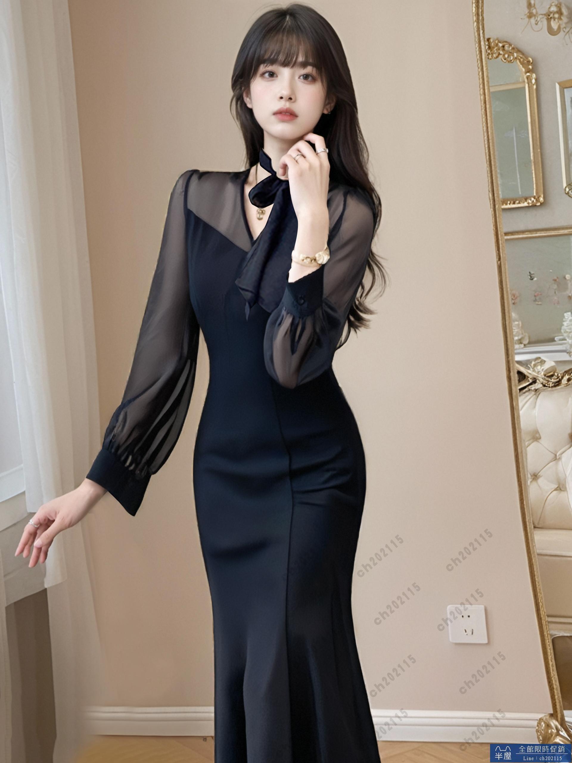 尾牙禮服 洋裝 高階感黑色氣質連衣裙2024秋季新款法式宴會禮服長款魚尾裙1921交換禮物 三木優選