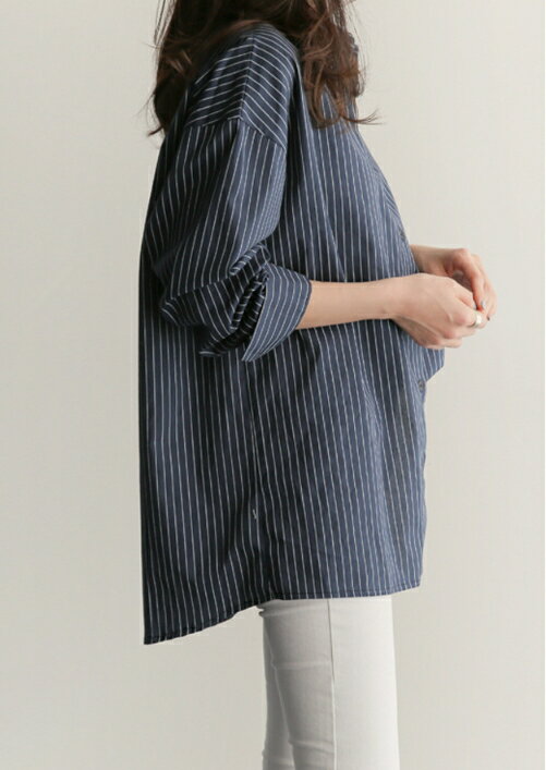 中大尺碼女裝~中長寬鬆藍條紋襯衫 女襯衫 長袖條紋襯衫 2024新款 5