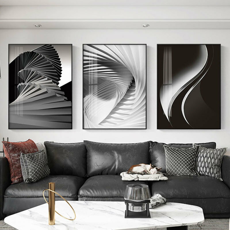 客廳裝飾畫現代簡約沙發背景墻壁掛畫大氣抽象輕奢北歐黑白三聯畫