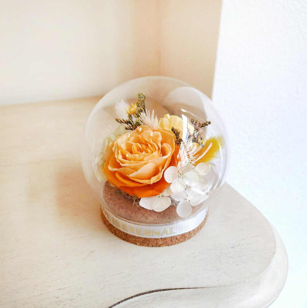 萩蒔花花藝x覓品竹北手作店-乾燥花x永生花創作圓形玻璃花盅-橘色玫瑰