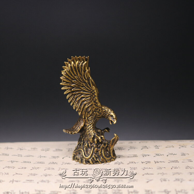 純銅大展宏圖雄鷹小擺件 實心銅老鷹展翅飛鳥仿古銅把件收藏禮物
