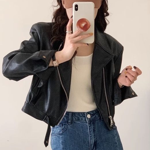 薄外套小皮衣咖色翻領機車服外套設計感pu皮夾克女春秋新款