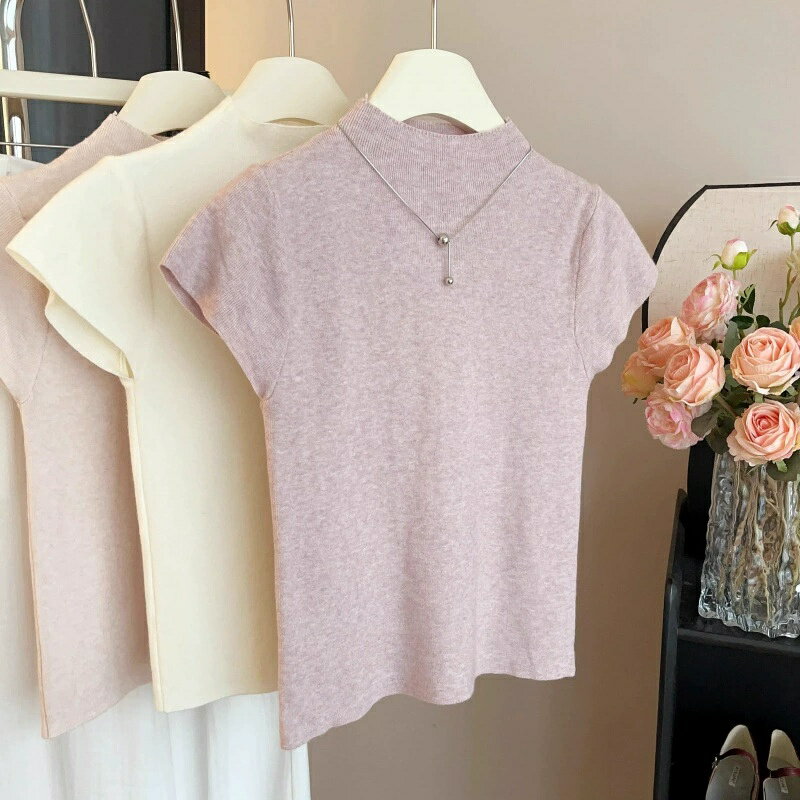 現貨+預購 針織衫短袖T恤-半高領修身純色打底女上衣5色74kx23【獨家進口】【米蘭精品】