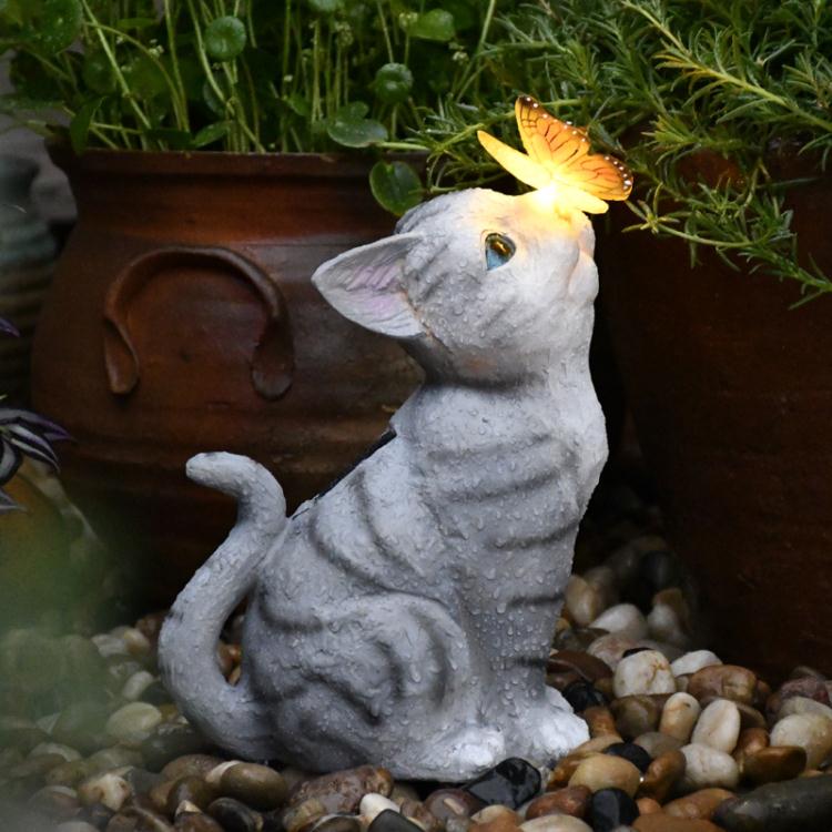 陽臺花園裝飾庭院布置可愛貓咪擺件太陽能燈戶外創意樹脂動物雕塑【林之舍】