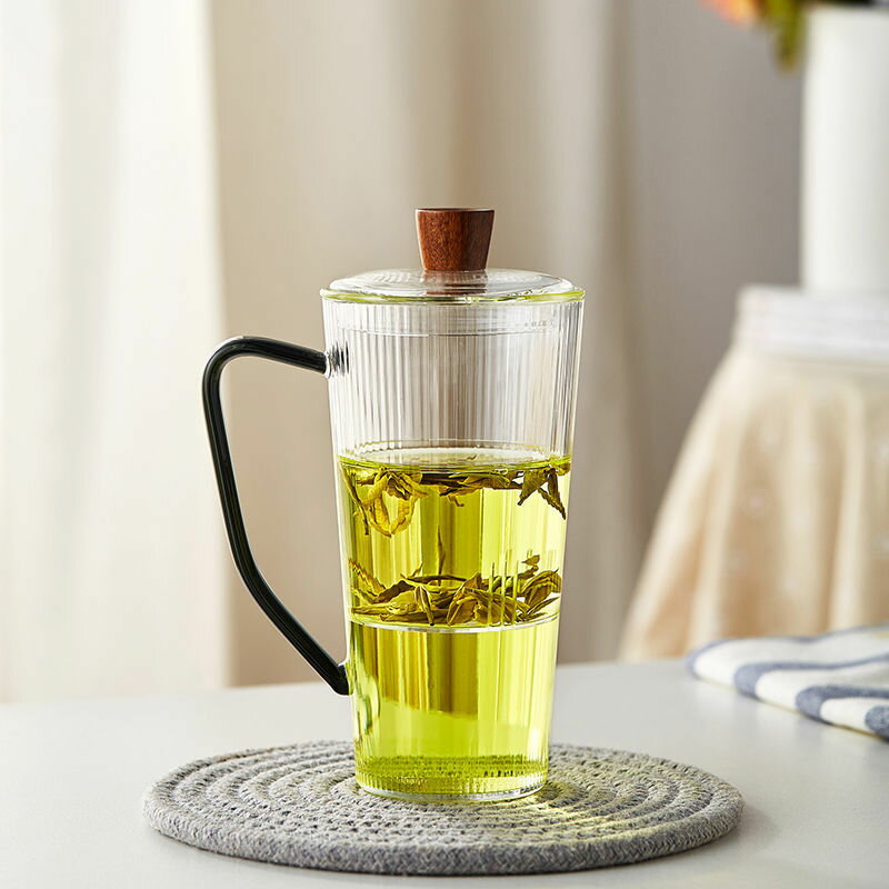 免運 泡茶杯 新羽三件杯玻璃杯蓋泡茶杯過濾高硼矽帶把綠茶杯茶水分離杯家用杯 快速出貨