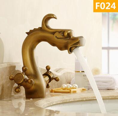 歐式全銅仿古冷熱水龍頭家用加高單孔洗手盆浴室面盆金色龍形龍頭