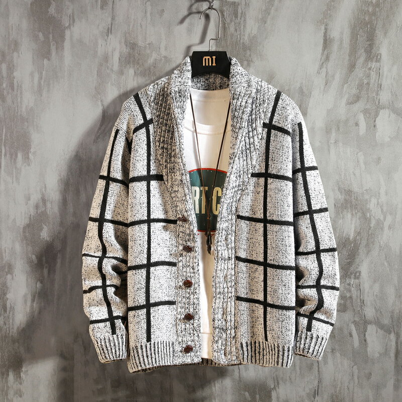 針織衫男開衫外套潮流韓版修身格子毛衣外穿秋冬季慵懶風線衣厚款 0