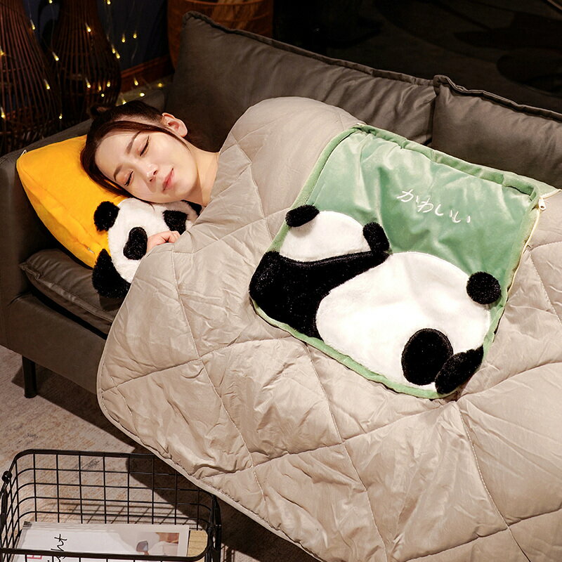 熊貓抱枕被子兩用午睡枕頭被汽車載內靠枕辦公室加厚折疊毯二合一