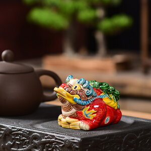陶瓷三角金蟾麒麟貔貅交趾陶茶寵擺件茶道桌面裝飾品古典開片可養