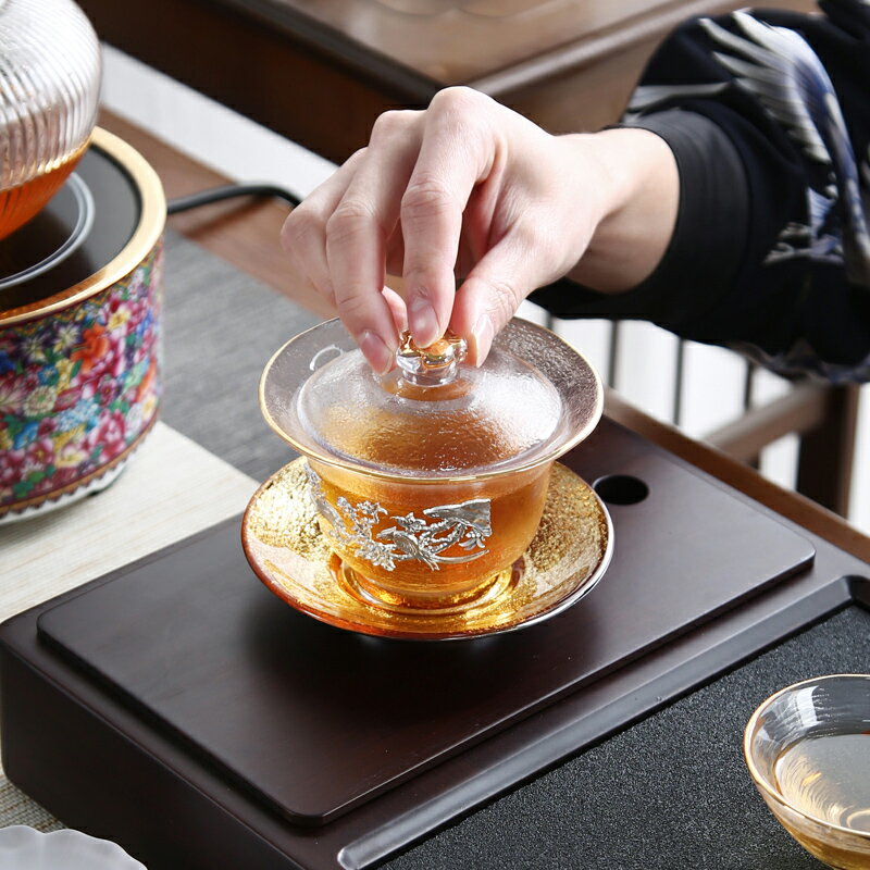 晟窯鑲錫玻璃蓋碗茶杯耐熱單個加厚三才茶碗大號泡茶功夫茶具配件