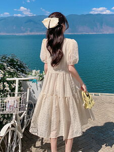 夏季蕾絲鉤花鏤空泡泡袖連身裙女收腰顯瘦氣質超仙甜美減齡初戀裙