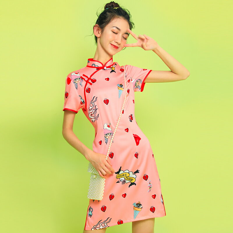 夏裝新款少女學生中國風文藝復古改良旗袍時尚短款連衣裙顯瘦1入