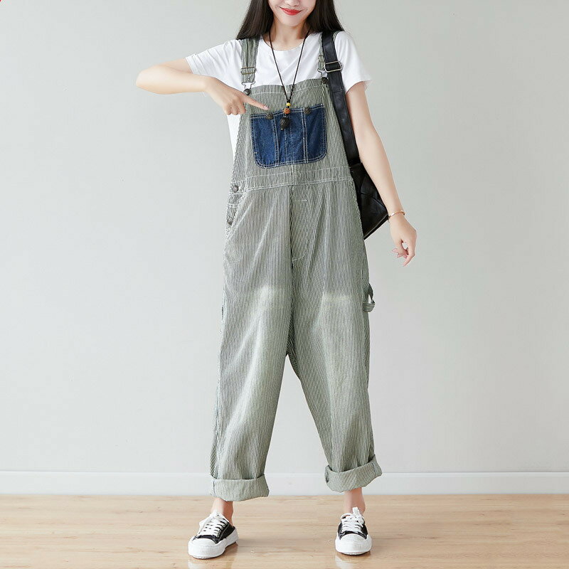 【巴黎精品】牛仔褲吊帶長褲-寬鬆條紋大口袋貼布女褲子灰色a1ir45