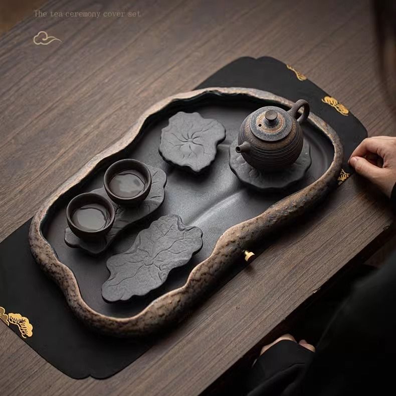 粗陶復古功夫茶具家用儲水茶盤陶瓷茶海幹泡臺瀝水託盤排水式茶臺