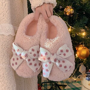 女冬ins可愛防滑棉拖鞋室內居家用保暖全包跟少女心蝴蝶結毛絨鞋