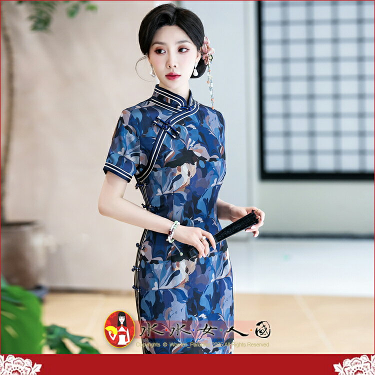 高階印花老上海長旗袍復古中國風修身顯瘦改良時尚優雅氣質短袖名媛洋裝日常宴會派對走秀女士連身裙-看花相思(藍色)-水水女人國