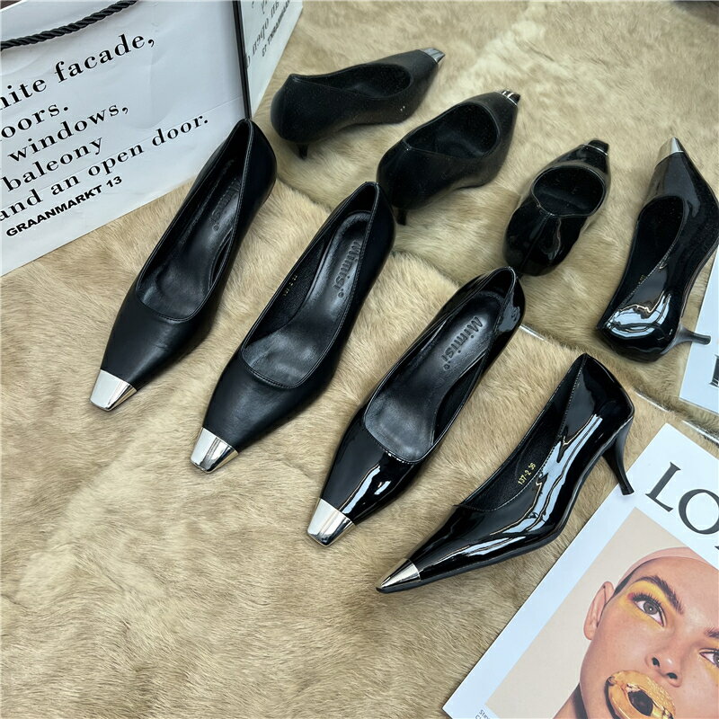 時尚歐美風黑色性感夜店高跟鞋女2022春新款高跟細跟金屬方頭單鞋