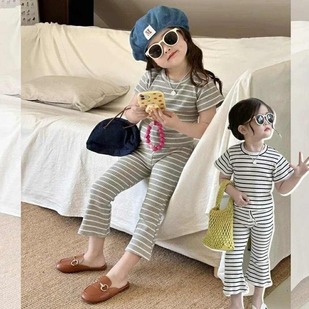 Baby童衣 兒童短袖套裝 女童夏季條紋兩件式套裝 89118