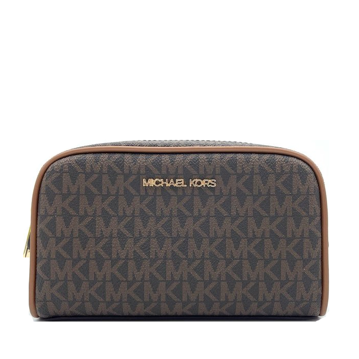 MICHAEL KORS 經典滿版Logo化妝包 防刮PVC皮革 萬用包 M83572 深咖啡色MK(現貨)▶指定Outlet商品5折起☆現貨【送禮首選★APP下單點數4倍送】