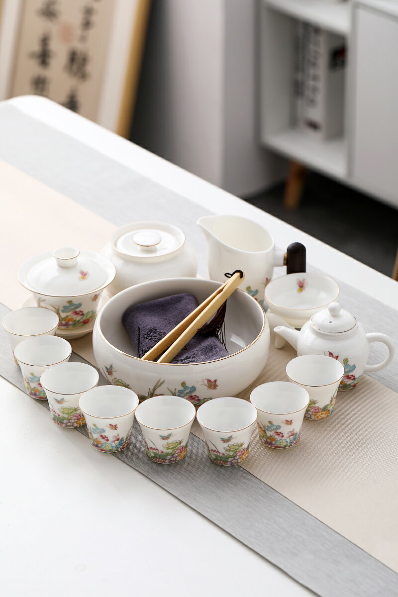 輕奢羊脂玉功夫茶具陶瓷大套裝家用待客杯喝茶蓋碗白瓷茶壺小泡器