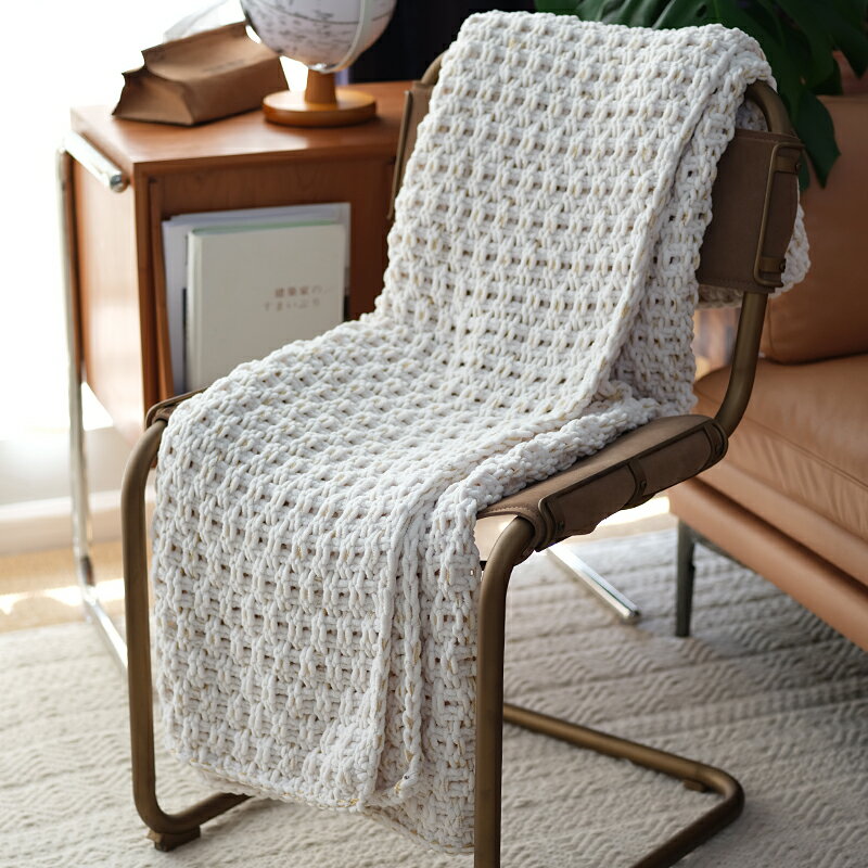 粗毛線針織沙發裝飾毯歐美網紅毛毯加厚設計師搭毯新款包郵米白色