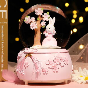 浪漫櫻花兔子水晶球夢幻飄雪音樂盒送女生女孩禮物創意八音盒擺件