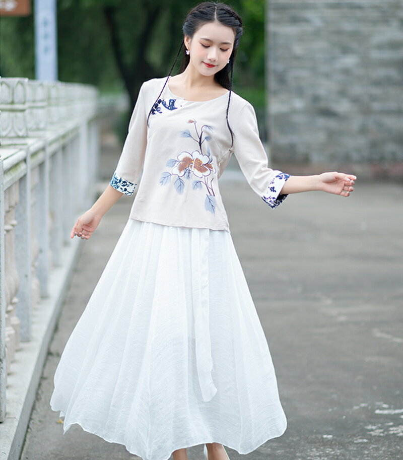 民族風套裝女春夏季中國風文藝復古中式盤扣印花棉麻連衣裙茶服女1入