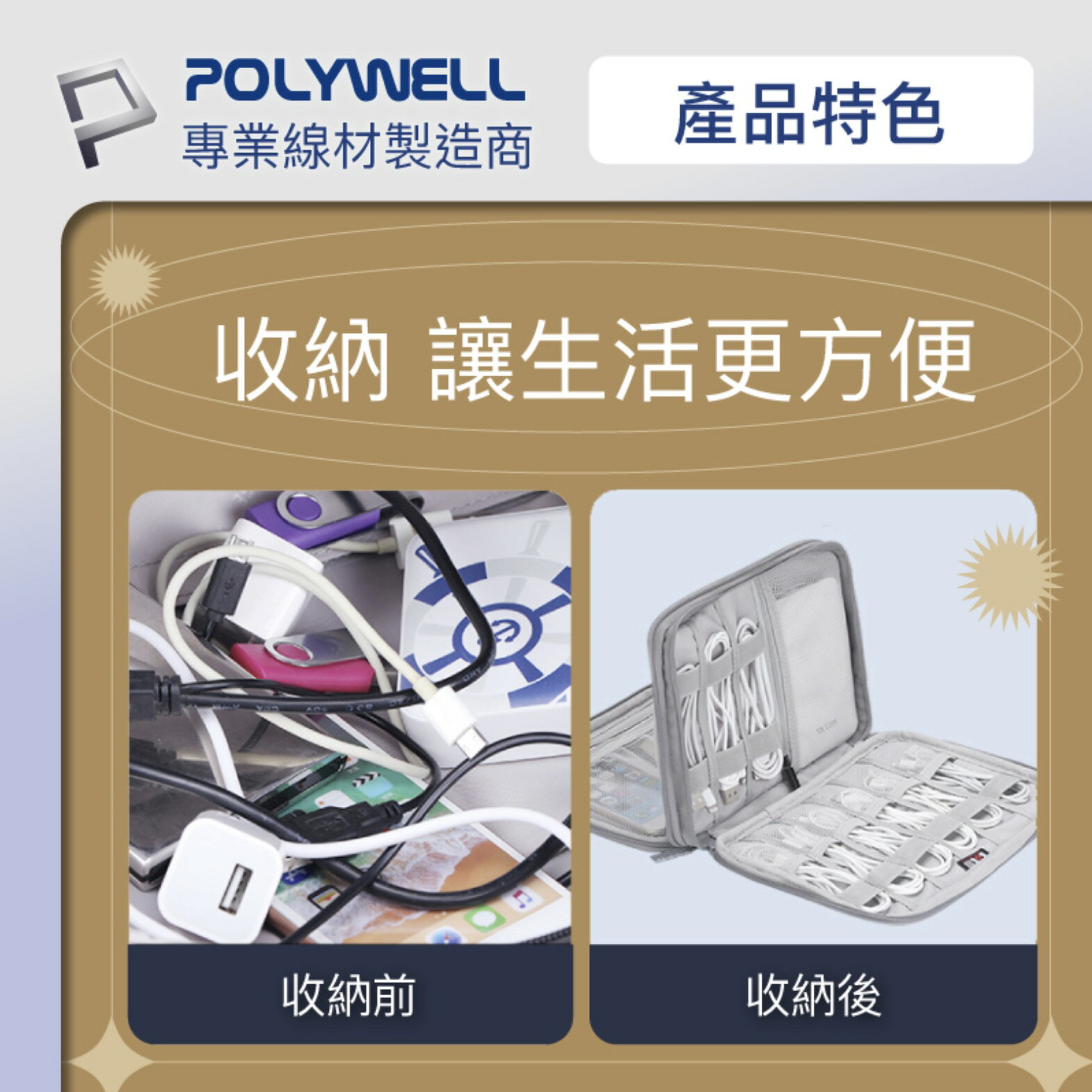 POLYWELL 3C 大容量 收納包 旅行收納袋 充電器 充電線 無線耳機 一包搞定 適合出差 外出旅遊 2
