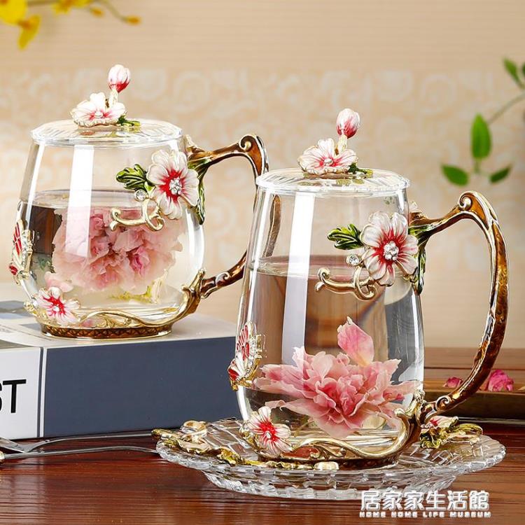 【樂天精選】創意琺瑯彩水杯水壺套裝家用高檔玻璃杯少女心杯子帶勺帶蓋茶杯大