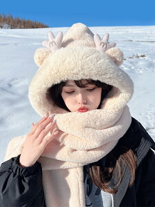 可愛小熊帽子保暖圍脖圍巾一體連帽女秋冬季冬天手套三件套時尚絨