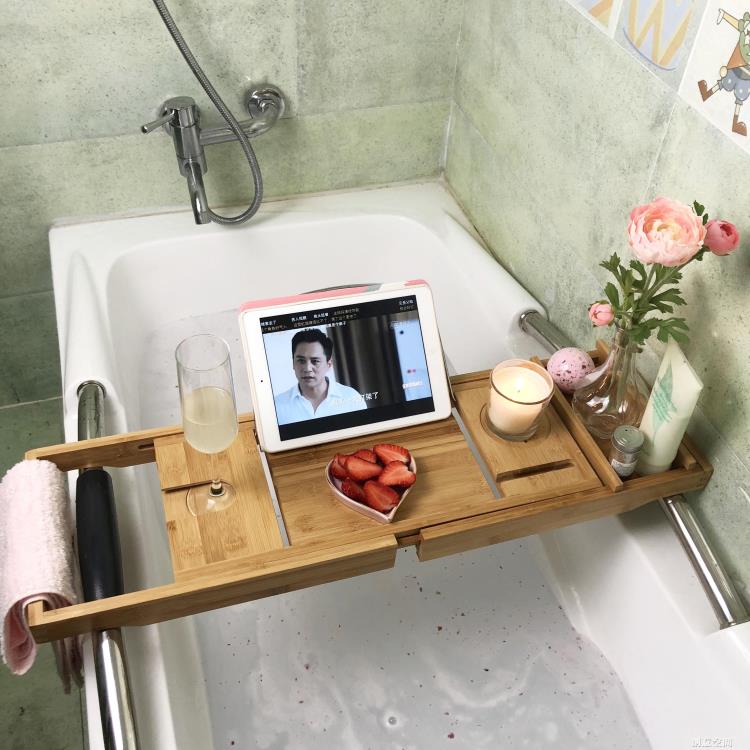 浴缸架浴室伸縮置物架板多功能浴缸隔板衛生間泡澡iPad手機支架竹 交換禮物